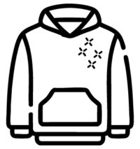 The image shows a line art illustration of a hoodie with a kangaroo pocket.. There are four small, stylized stars arranged diagonally on the upper right chest of the hoodie, depicting embroidery on the garment.